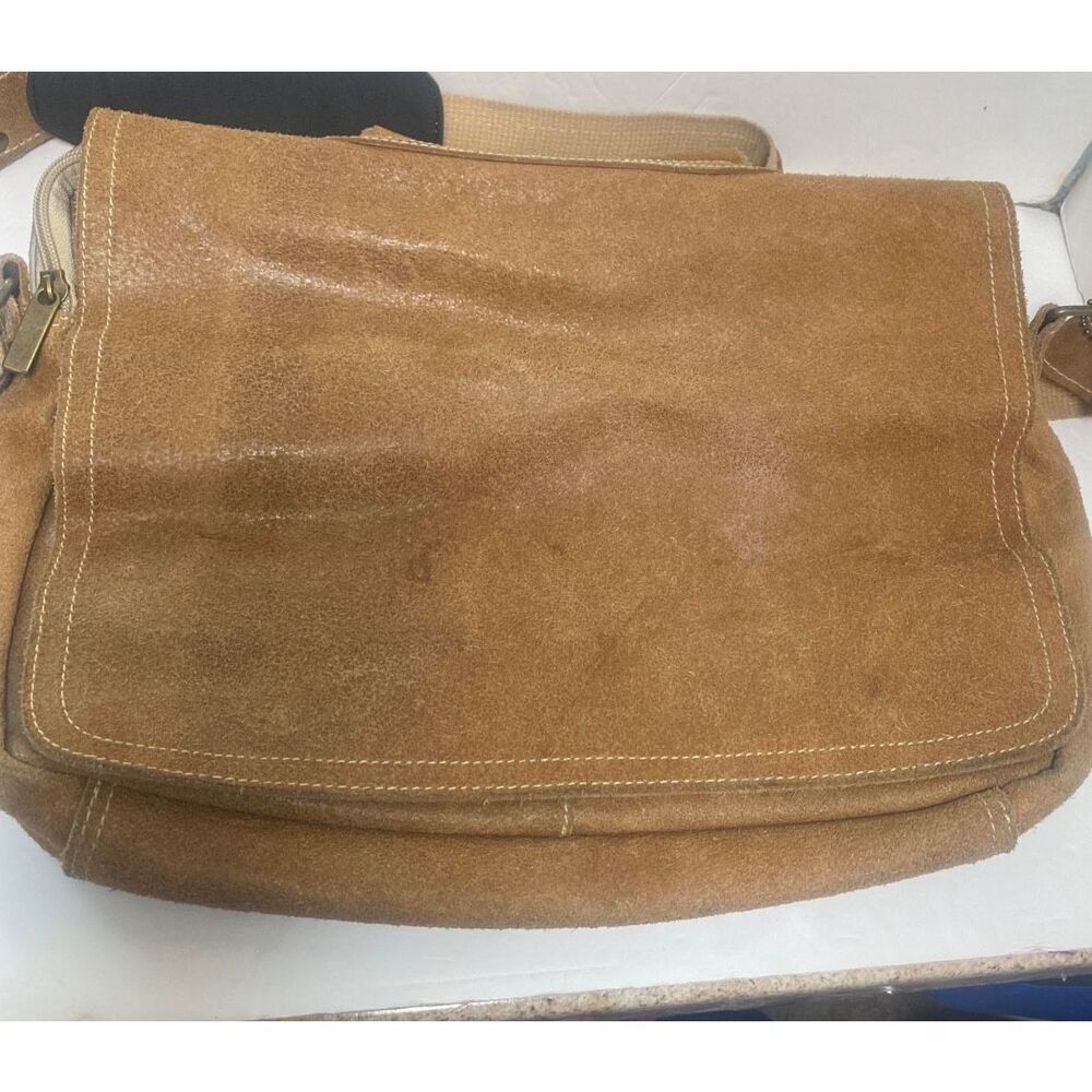 David King Boston Genuine Leather Messenger Bag – Tan Suede – Adjustable Strap